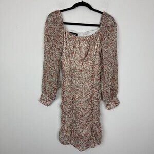 Eilly Bazar Beige Ditzy Floral Ruched Body Con Puff Sleeve Dress Size XS NWT